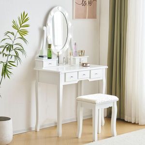 Set Toeletta Illuminato a 3 Colori Dimmerabili con Presa di Corrente, Tavolo da Trucco in Vetro e Sgabello Imbottito per Camera da Letto, Bianco - Product Image 6