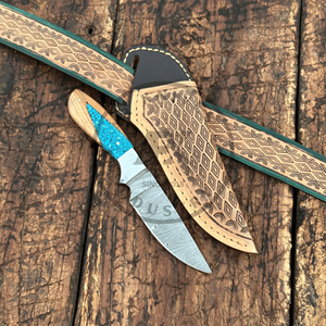 Cuchillo de caza tipo cowboy BullCutter de Damasco al por mayor, hoja fija, mango personalizado, cinturón de cuero OEM, logotipo personalizado, 3 años de garantía - Product Image 4