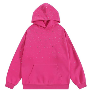 Sweat-shirt à capuche rose surdimensionné avec motif de points en strass, pull unisexe, vêtements d'automne - Product Image 4