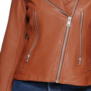 <b>Women's</b> Brown Genuine Leather Moto <b>Jacket</b> Zipper Closure Turn-down Collar Full Sleeve Short Length Autumn Style - Product Image 4
