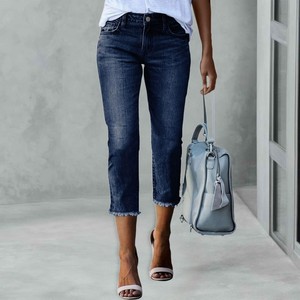 Jeans courts pour femmes à ourlet effiloché, coupe slim droite, en denim extensible, décontractés, hiver, 100% coton, séchage rapide - Product Image 2