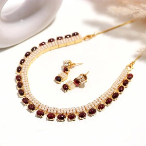 Hessonite Garnet Pearl <b>Necklace</b> Set 22K Gold Plated Oval Gemstone Bridal Jewelry Elegant <b>Necklace</b> for Women - Product Image 2