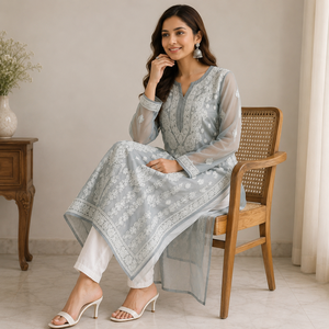 Best Selling Indian Georgette Chikankari Kurti – Elegant <b>Grey</b> White Floral Embroidered Long Ethnic <b>Dress</b> - Product Image 3