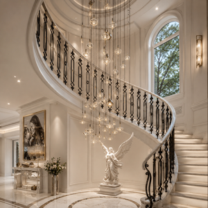 Rampe d'escalier noire ornée avec balustres décoratifs, main courante intérieure courbée de luxe pour l'intérieur d'une villa moderne - Product Image 3