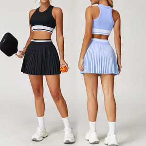 Women White Striped Tennis Crop Top And Pleated <b>Skirt</b> Set Breathable Spandex Polyester Sportswear Fitted Sleeveless Tank Style - Product Image 2