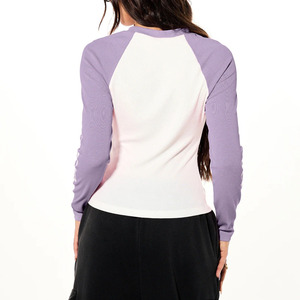 Premium Sale Crew Neck Knitted Slim Fit Women's Color Blocked <b>Raglan</b> Sleeve Casual <b>Top</b> Spandex Cotton Breathable Women T-Shirt - Product Image 2