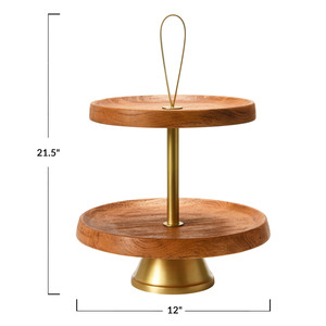 Two-Tiered Wooden <b>Cake</b> <b>Stand</b> Featuring Rich Natural Wood Trays Gold Central Rod Base Convenient Top Loop Handle, Serving & Decor - Product Image 2
