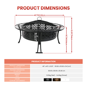 Brasero de Leña para Exteriores, Brasero Redondo de Acero con Parrilla para Asar, Rejilla de Cocina, Pantalla Antichispas y Llameador FP003 - Product Image 2