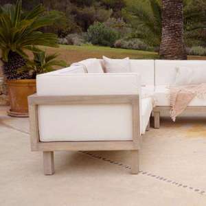 Contemporary Teak Wood <b>Outdoor</b> Sofa Set Weather Resistant <b>Garden</b> Furniture 4 Seater Solid Wood Frame White <b>Cushions</b> - Product Image 3