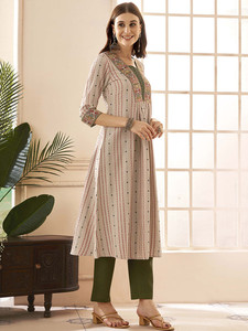 <b>Women</b> Beige Cotton Digital Print Embroidered Quick Dry <b>Kurta</b> Green Trouser Set Traditional Regular Fit Knee Length Casual Wear - Product Image 5
