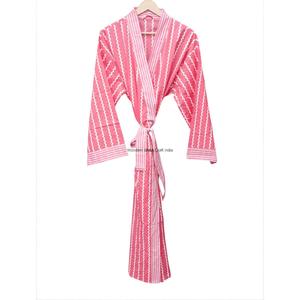 Bata Kimono de Algodón para Mujer, Larga, con Estampado Floral Rosa, Cuello en V, Secado Rápido, Transpirable, Cierre con Cinturón, Mangas Largas, Cómoda - Product Image 4
