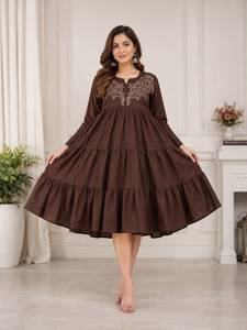 Brown Cotton Embroidered V Neck Loose Fit Midi Abaya Long Sleeve Modest Tiered <b>Ruffle</b> Muslim Women <b>Dress</b> for Prayer Eid Evening - Product Image 1