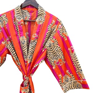 Bata Kimono de Algodón con Estampado Floral, Larga, Cuello Mandarín, Cierre con Cordón, Suave y Holgada, Ropa de Estar por Casa para Primavera - Product Image 4