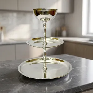 Support de service de luxe en argent à 3 niveaux, support à gâteau en métal, plateau à desserts, cupcakes, pâtisseries, fruits, en-cas pour la maison, les fêtes, les mariages - Product Image 4