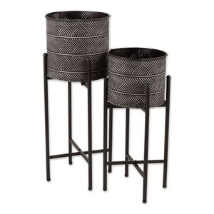Set of 2 Planter Floor Decor for Growing Herbs & <b>Flowers</b> Plant Holder <b>Display</b> Modern Style Black Metal <b>Flower</b> Pot & Stand - Product Image 6
