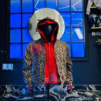 Sweat à capuche zippé pour homme, double épaisseur, 100% coton, motif léopard, avec patchs brodés et imprimés effet vieilli, idéal pour l'hiver