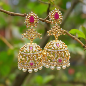 Ruby Jhumkas Bridal Drop Earrings-18K Gold Plated Zircon & Pearl Chandelier Style - Product Image 3