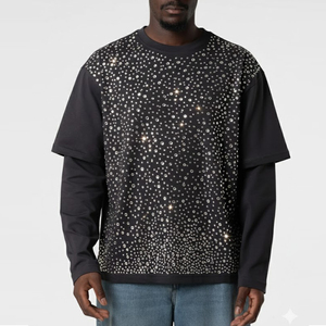 T-shirts pour hommes avec motif en strass, col rond en coton, impression personnalisée sur le devant, coupe classique, fabrication sur mesure - Product Image 1