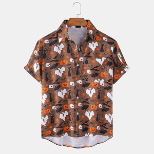 Camisa de manga corta con estampado de Halloween para hombre, informal, verde, con dibujos animados de calabaza, fantasma, murciélago, gato, con botones, para otoño - Product Image 4