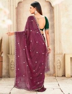Sari de Seda Bordado Reversible para Mujer, Estilo Bollywood Jimmy Jimmy, con Blusa Sin Coser (Morado) - Product Image 4