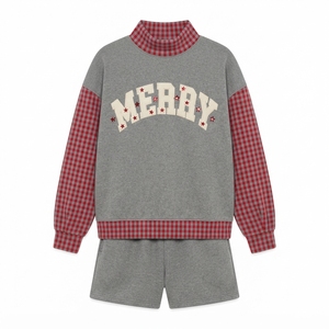 Pink <b>Plaid</b> Mockneck 2 Piece <b>Shorts</b> Set Women's Sweet Style Full Sleeve Loose Fit Polyester/Cotton Fleece Winter Outfit - Product Image 5