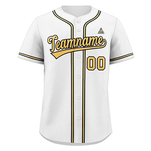 Camiseta de Béisbol Blanca Personalizada 2025, con Ribete Dorado y Negro, Cierre de Botones, Uniforme de Equipo, Nombre y Número Personalizados, Estilo Profesional, Antibacteriana - Product Image 1