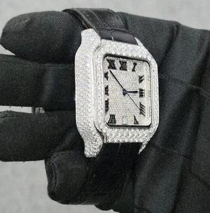 Gorgeous <b>Black</b> Roman Number Moissanite Diamond <b>Watch</b> with Leather Band Elegant Looking Hand <b>Watch</b> for Export Sale - Product Image 4