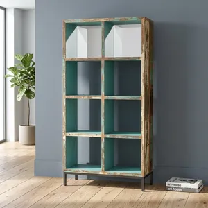Étagère rustique en bois et fer à 8 cubes avec étagères ouvertes et finition vieillie pour le rangement dans le salon - Product Image 5