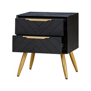Table de chevet en bois noir de la collection GALAXY avec 2 tiroirs, poignées dorées géométriques, meubles de chambre à coucher modernes - Product Image 1
