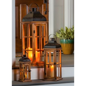 Decorative Antique Rustic Wooden <b>Lantern</b> with <b>Black</b> Metal Top and Flameless Candle for Home Decoration - Product Image 4