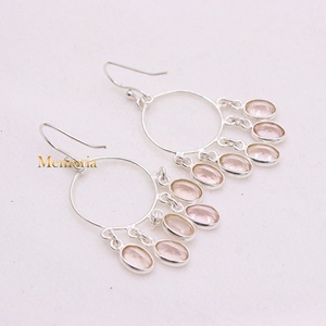 Pendientes de Plata de Ley 925 al por Mayor con Cuarzo Rosa Natural Ovalado y Flecos Circulares, Joyas Memoria - Product Image 2
