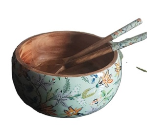 Tazón de madera con Mango de forma redonda, cuenco para ensalada con servidores de ensalada - Product Image 1