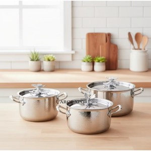 High Standard Quality Stainless Steel Silver Shiny Polished Hand Hammered Luxury Ruffoni Casseroles With Golden Pumpkin Lids - Product Image 4