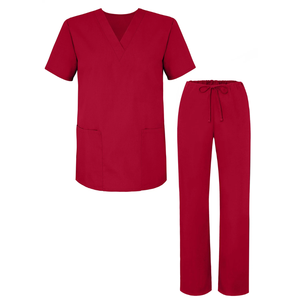 Women's Red V-Neck <b>Scrub</b> Top With Pants Set Hospital <b>Uniforms</b> 100% Polyester Woven Fabric - Product Image 1