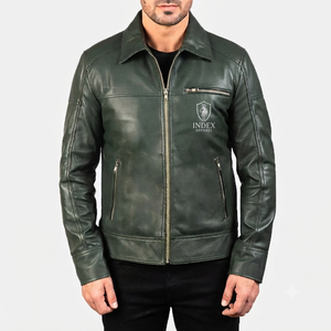 Men's Genuine Leather <b>Slim</b> <b>Fit</b> <b>Jacket</b> Crew Neck Zipper Closure Cotton Lining Winter Moto Style Patchwork Canvas Leather <b>Jackets</b> - Product Image 1
