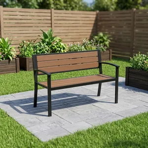Two Seater Office <b>Sofa</b> <b>Bench</b> with Wooden Slat Seat Backrest Black Metal Frame Armrests for Reception Lobby Waiting Area - Product Image 3