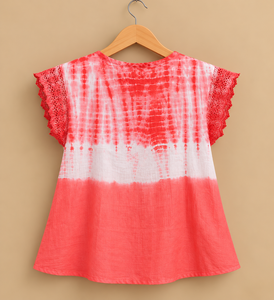 Blusa de Gasa Tie Dye para Mujer, Sin Mangas, Cuello Redondo, con Encaje, Estilo Casual, para Primavera/Verano, Corte Holgado, Estampado Rojo y Blanco - Product Image 3