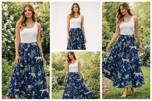 Designer Blue Jungle Print Cotton Maxi <b>Skirt</b> Women High Waist Frill Layer Boho Long <b>Skirt</b> Casual Summer Wear - Product Image 4