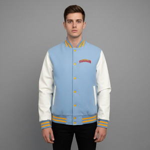 2026 Best Men's Light Blue Varsity Jacket With White Sleeves Embroidered Logo Front <b>Button</b> Closure Preppy Style Autumn Wear - Product Image 1