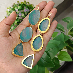 Classic freeform agate gemstone long <b>earrings</b> with handmade 18k gold plated bezel setting stone wholesale dangling <b>hook</b> jewelry - Product Image 3
