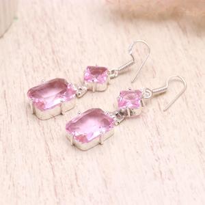 Natural Kunzite Gemstone 925 Sterling <b>Silver</b> <b>Dangle</b> <b>Earrings</b>, Pink Faceted Rectangle Drop <b>Earrings</b>, Handmade Fine Jewelry for Wo - Product Image 2
