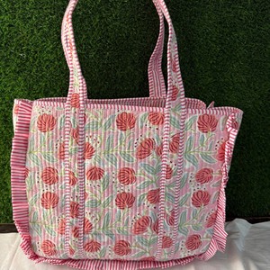 Bolso Tote Bohemio Acolchado de Algodón con Estampado Floral, con Volantes, Cierre Abierto, Dos Asas, para Compras, Bolso de Hombro para Mujer - Product Image 1