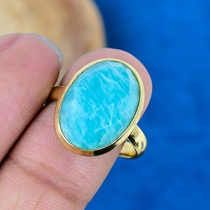 Natural Blue Amazonite Oval Shape Gemstone <b>Ring</b> Handmade 18k Gold Micron Over 925 Sterling <b>Silver</b> - Product Image 3