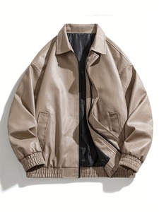 AAFII IMPEX Blouson Bomber Unisexe en Cuir PU Beige Col Rabattu Fermeture Éclair Écologique Vintage Décontracté Imperméable - Product Image 1