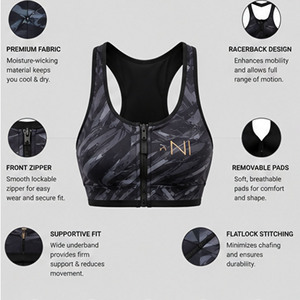 OEM Women Seamless Sports Bra Scoop Neck Racerback Zipper Front Medium Support Breathable Fitness Workout Wear Solid Black - Product Image 4