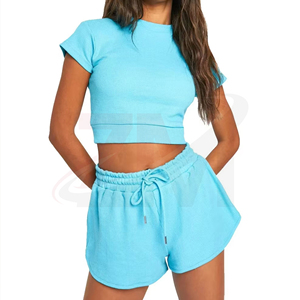 Casual Wear Custom Women's Light Blue Knitted <b>Drawstring</b> Shorts Mid Waist Casual Breathable Fit Regular Style Solid Color - Product Image 2