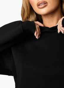 Sudadera con Capucha Negra Corta, Oversize, de Manga Regular, Tejida, de Color Sólido, Informal, para Otoño, Unisex - Product Image 3