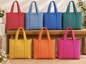 กระเป๋าผ้าลายตารางแบบไม่ทอ สีแดง น้ำเงิน เขียว เหลือง ส้ม ชมพู สำหรับการช้อปปิ้งทุกฤดูกาล น้ำหนักเบา เปิดด้านบน - Product Image 5