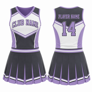 Uniformes de cheerleading personnalisés, violet, noir, blanc, impression par sublimation, nom du joueur, numéro 14, kit adulte - Product Image 1