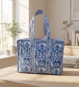 Ensemble de sacs fourre-tout en coton imprimé à la main bleu avec 3 pochettes, style bohème, fermeture éclair, pour toutes les saisons, utilisation pour le shopping, provenant du Rajasthan - Product Image 2